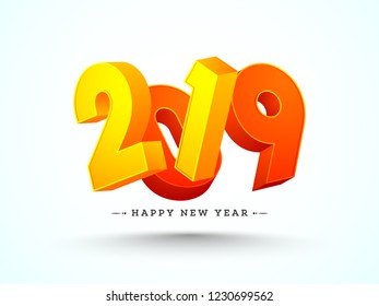 3D text 2019 in yellow and orange color on glossy background for Happy New year greeting card design.