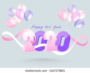 Texto 3D 2020 decorado con cintas rosas y globos de fondo gris para la celebración Feliz Año Nuevo diseño de tarjetas de felicitación.