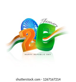 Texto 3D 26 de enero con rueda Ashok y ondeando cinta tricolor sobre fondo blanco para la celebración del Día de la República.