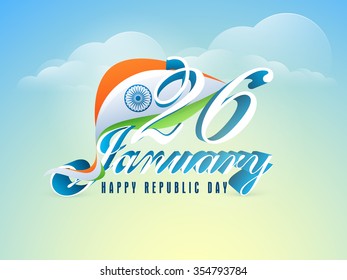 3D text 26 January with creative waving National Flag on cloudy background for Happy Indian Republic Day celebration.