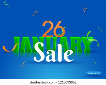 3D text 26 January on glossy blue background, sale poster, advertising banner design.