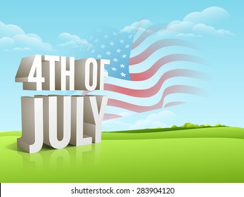 3D text 4th of July with national flag waving on cloudy nature background for American Independence Day celebration.