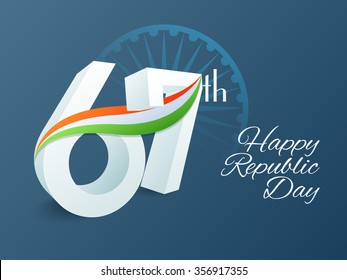 3D text 67th with National Flag colours waves on Ashoka Wheel decorated background for Happy Indian Republic Day celebration.