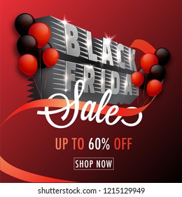 3D text Black Friday with 60 percent discount offer on glossy red background. Advertising template or flyer design.