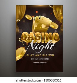 3D Text Casino With Gold Coins And Playing Cards Illustration On Bokeh Background. Casino Night Template Or Flyer Design.