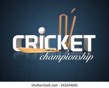 3D-Text für die Cricket Championship mit Fledermaus, weißem Ball und Weiß stumps auf blauem Hintergrund.