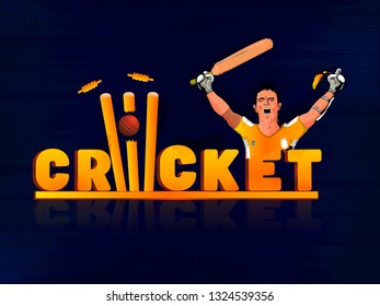 Texto 3D Cricket con la ilustración de un bateador en una pose ganadora con fondo medio en azul para el cartel o el diseño de afiches del partido de Cricket.