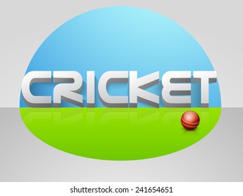3D text Cricket with red ball on shiny field background.