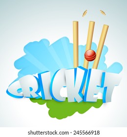 3D text Cricket with red ball and wicket stumps on nature view background.