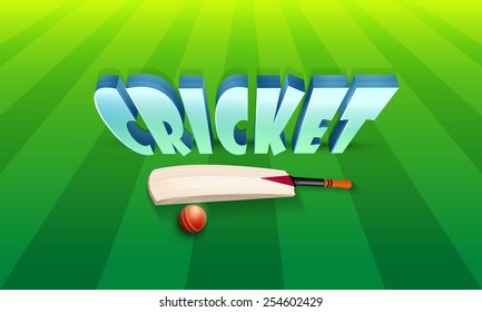 3D text Cricket with shiny bat and red ball on green stadium background.