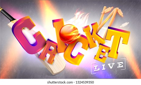 3D text Cricket with sports equipments on lighting effect background for live cricket tournament poster or banner design.