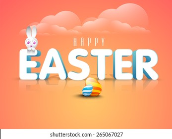 3D text Easter with cute bunny and colorful eggs on glossy cloudy background.