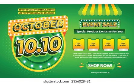 3D TEXT EDITABLE 10.10 OCTOBER BANNER BIG EVENT SUPER SALE FLYER DISCOUNT CASHBACK PROMO
