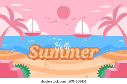 3d text effect with hello summer on beach. Typography with beach background.