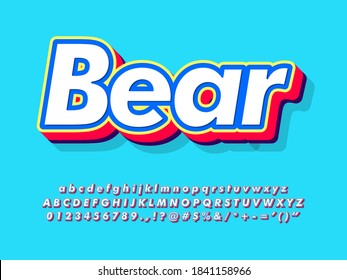 3d text effect with red extrude. Bright font with white, blue and red color. Friendly alphabet with shadow and blue background. Alphabet, number and Symbol