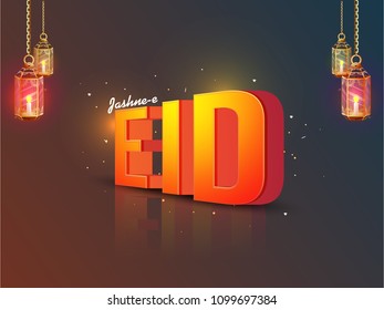 3D text Eid with illuminated lanterns.