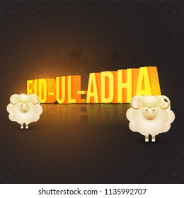 3D text Eid-Ul-Adha with sheep animals on brown islamic pattern background for celebration of Festival of Sacrifice.