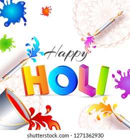 Holi de texto 3D con baldes y pistolas de color en el fondo de salpicadura de color. Hermoso diseño de tarjetas de felicitación para el festival Holi.