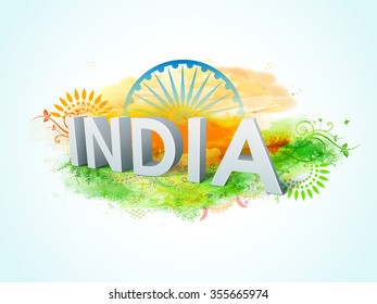 3D text India with Ashoka Wheel on colourful splash and floral design decorated background for Happy Indian Republic Day celebration.