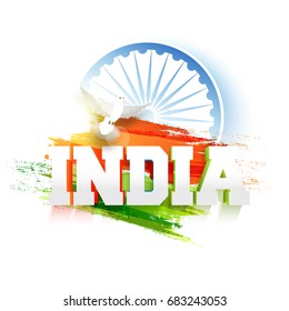 3D Text India with Indian Flag colors brush strokes and Ashoka Wheel for Independence Day and Republic Day celebration.