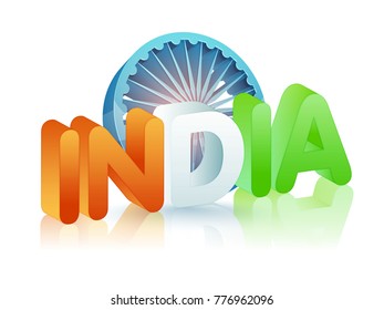 3D text India in national tricolors and Ashoka Wheel on white background. 