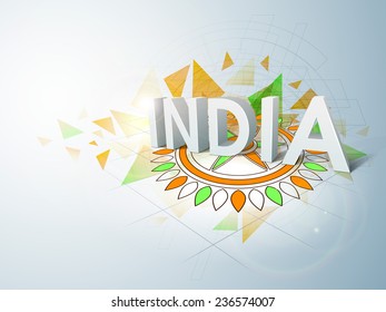 3D Text India On Colorful Floral Rangoli In National Flag Colors For Indian Republic Day And Independence Day Celebrations.