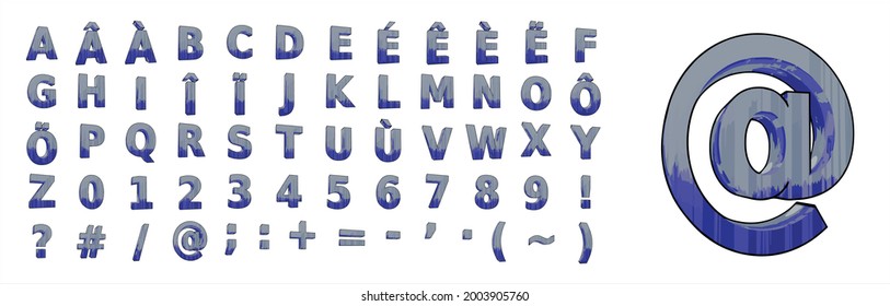 3D text letters alphabet with numbers and accents foreign language typeset 