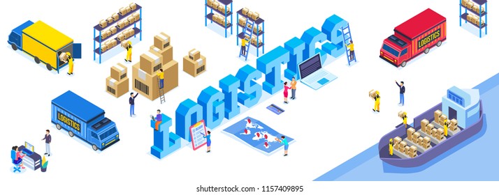 3D text Logistics, with isometric illustration of cargo vehicles, cargo freight through ship and truck on import export background.