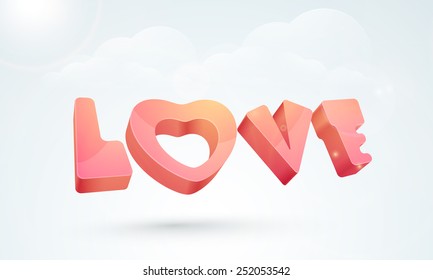 3D text Love in air on cloudy background for Happy Valentines Day celebration.