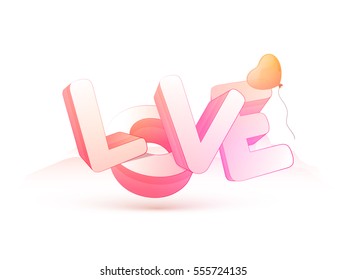 3D Text Love with glossy Heart shaped Balloon for Happy Valentine's Day Celebration.