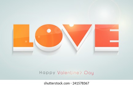 3D text Love for Happy Valentine's Day celebration on shiny sky blue background.