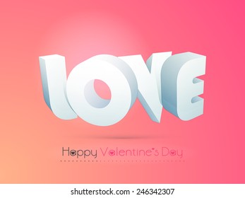 3D text Love for Happy Valentine's Day celebration on colorful glossy background.