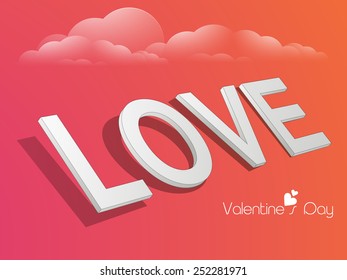 3D text Love for Happy Valentine's Day celebration on colorful cloudy background.