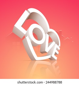 3D text Love in heart shape on glossy background for Happy Valentines Day celebration.