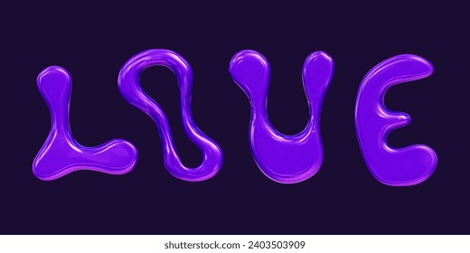 3d text love liquid y2k chrome. Purple 3d love for valentines day. Cartoon vector illustration