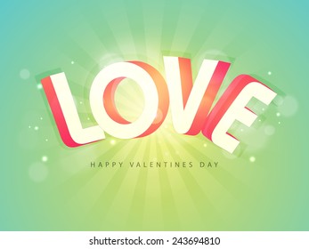 3D text Love on shiny rays green background for Happy Valentine's Day celebration.