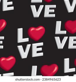 El texto 3D ama los corazones rojos con un patrón impecable en el fondo negro. Ilustración vectorial del Día de San Valentín