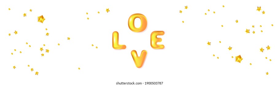 Texto 3D Amor y confeti estrella. Cartel de vacaciones para el día de San Valentín, boda, día de la madre.