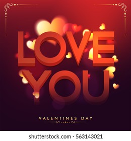 3D Text Love You on Hearts decorated glossy background, Beautiful greeting card for Happy Valentine's Day Celebration.