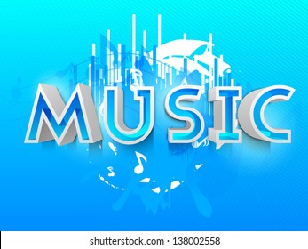 3D text Music on blue musical background.