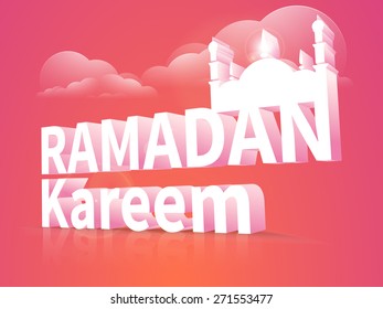 3D text Ramadan Kareem with islamic mosque on cloudy colorful background for holy month of muslim community festival celebration.