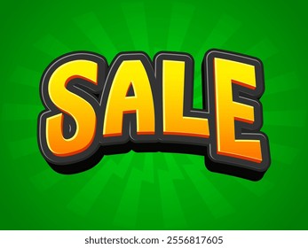 3D text "SALE" in comic style on a green background. Suitable for advertising banners, marketing projects, posters and shop window decoration.Vector background.