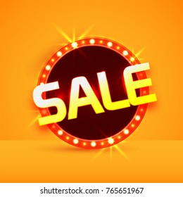 3D text Sale with glowing marquee lights in yellow background.