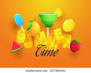 3D text Summer with element such as mango, lemon, ice cream, mocktail, watermelon and strawberry illustration on orange background.