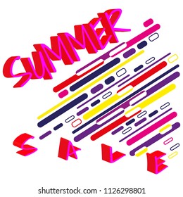 3d text Summer sale in bright pink tones and multi-colored abstract composition of lines on white background. Vector illustration, template for the design of posters, postcards, advertising.