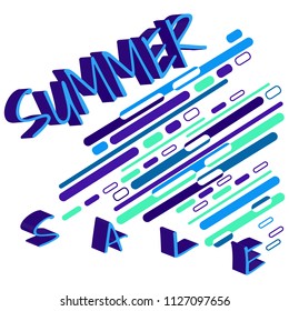 3d text Summer sale in bright blau tones and multi-colored abstract composition of lines on white background. Vector illustration, template for the design of posters, postcards, advertising.