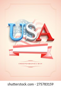 3D text USA with blank ribbon on waving national flag decorated glossy background for American Independence Day celebration.