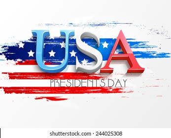 3D text USA on American Flag color background for Presidents Day celebration. 