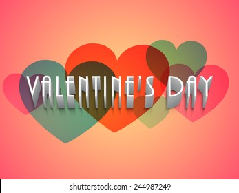 3D text Valentines Day on colorful hearts decorated background.