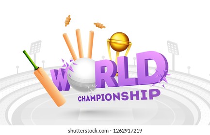 3D text world with ball, bat, wicket stumps and winning trophy on stadium view background for cricket championship poster design.